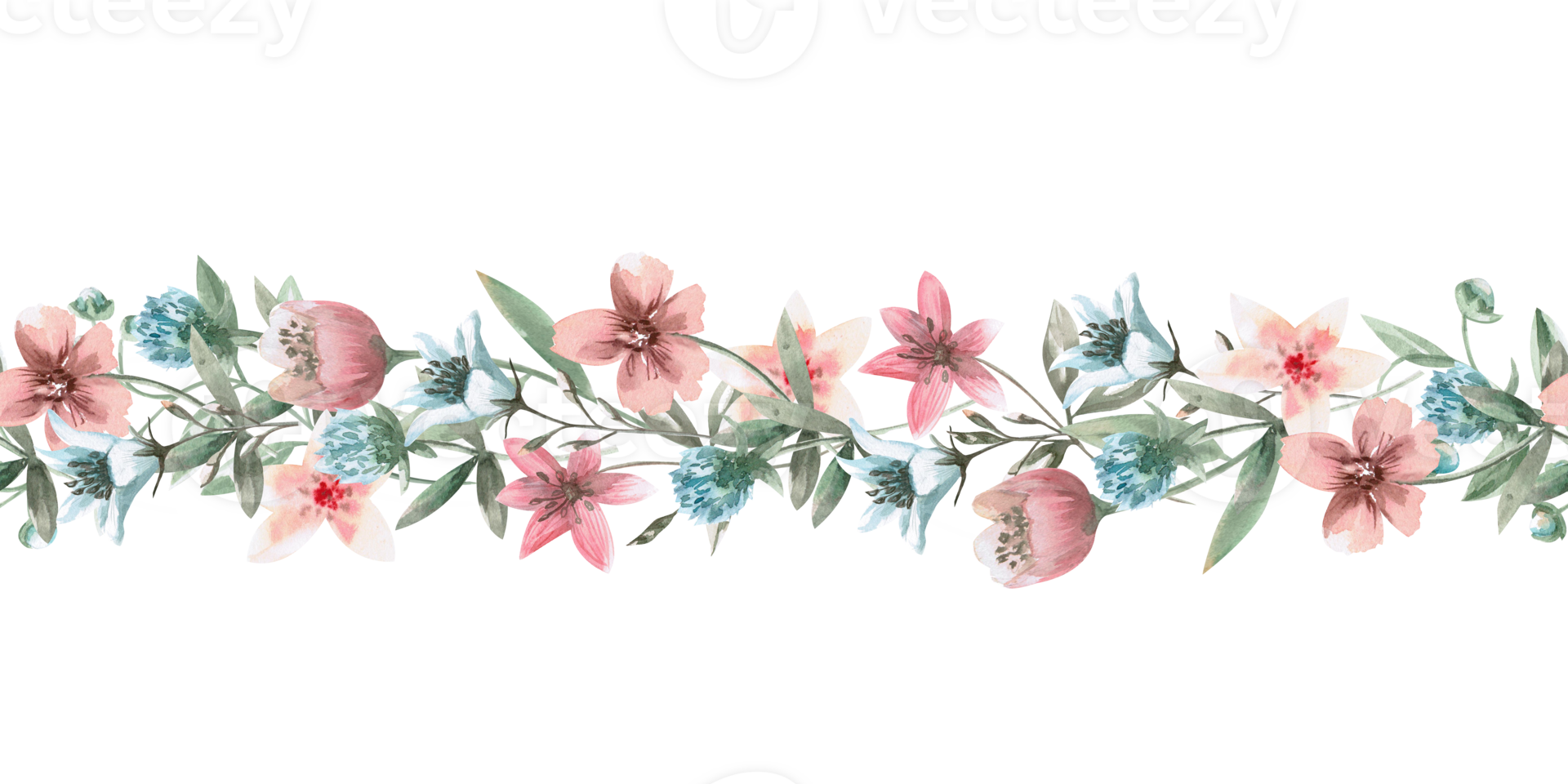 Seamless border with fabulous wild flowers. Watercolor illustration in fantasy style for design of children's rooms, tablecloths, textile design, bedding. png
