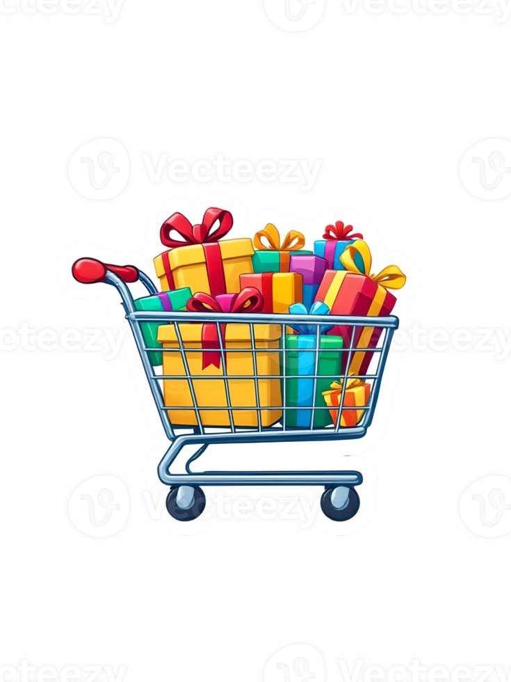 A modern shopping cart icon with different gifts. png
