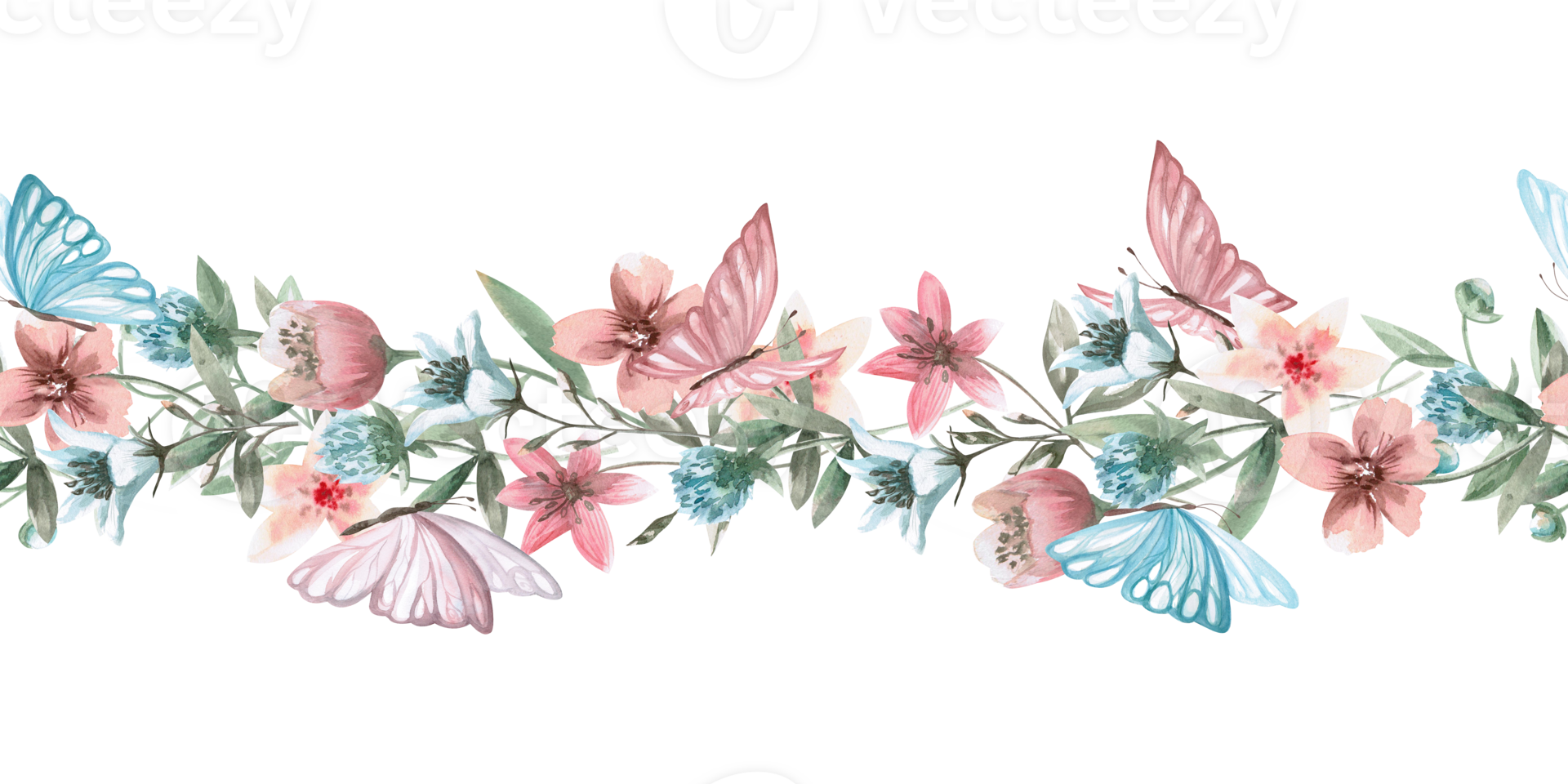 Seamless border with fabulous wild flowers and butterflies. Watercolor illustration in fantasy style for design of children's rooms, tablecloths, textile design, bedding accessories. png