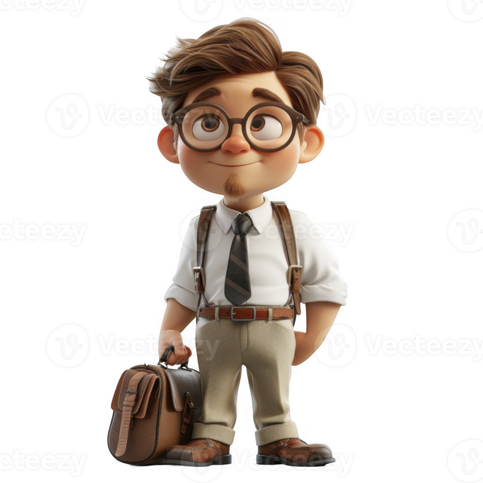 3D young man in business attire, with briefcase on transparent background png