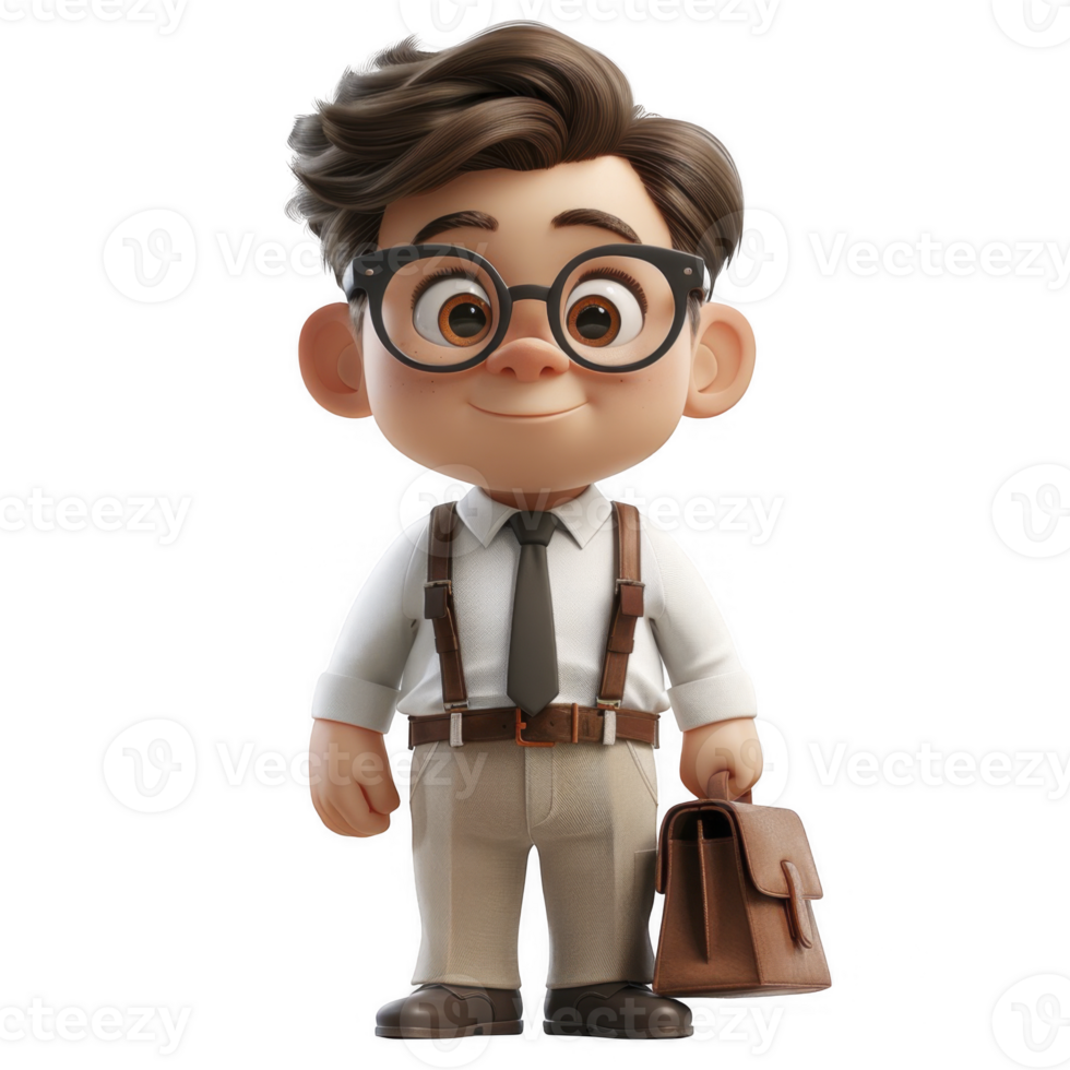 3D young man in business attire, with briefcase on transparent background png