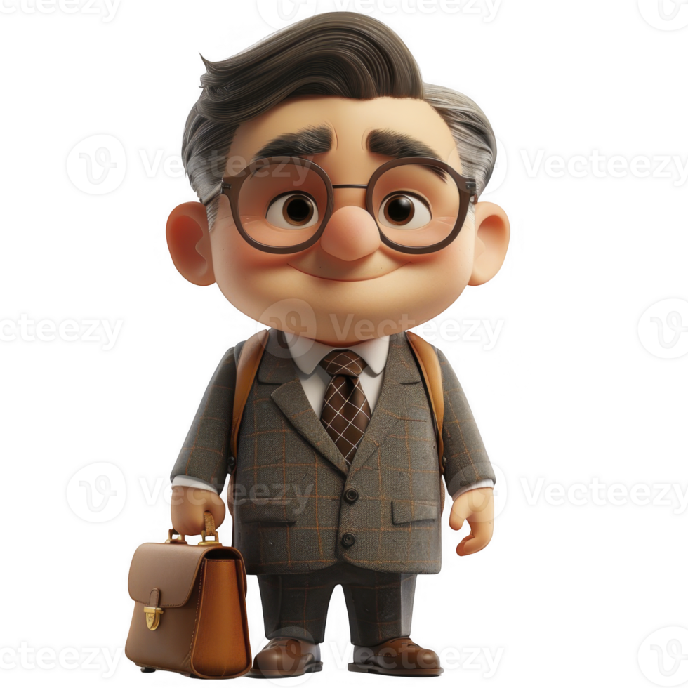 3d cartoon businessman character with glasses and briefcase on transparent background png