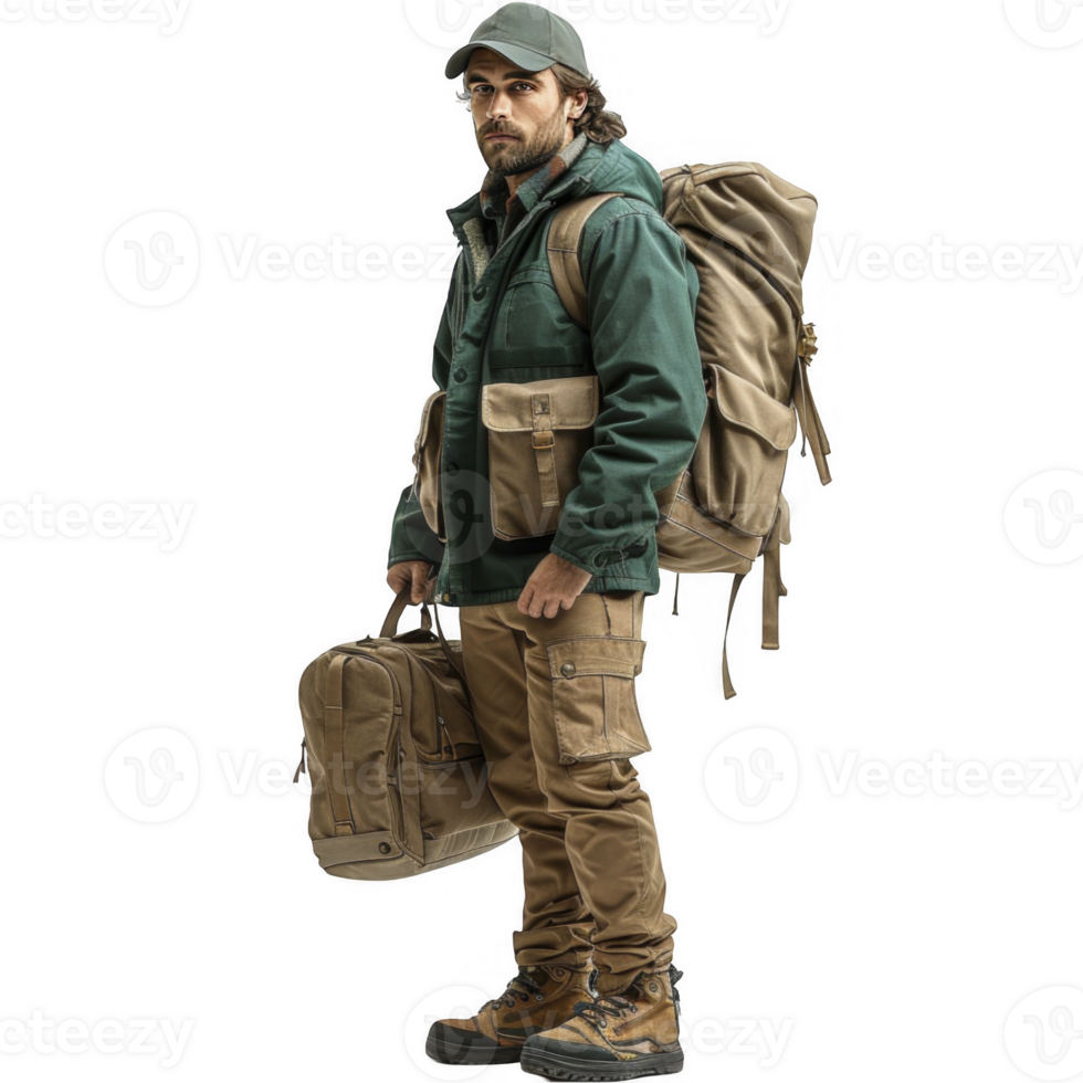 A man with a backpack and a green jacket png