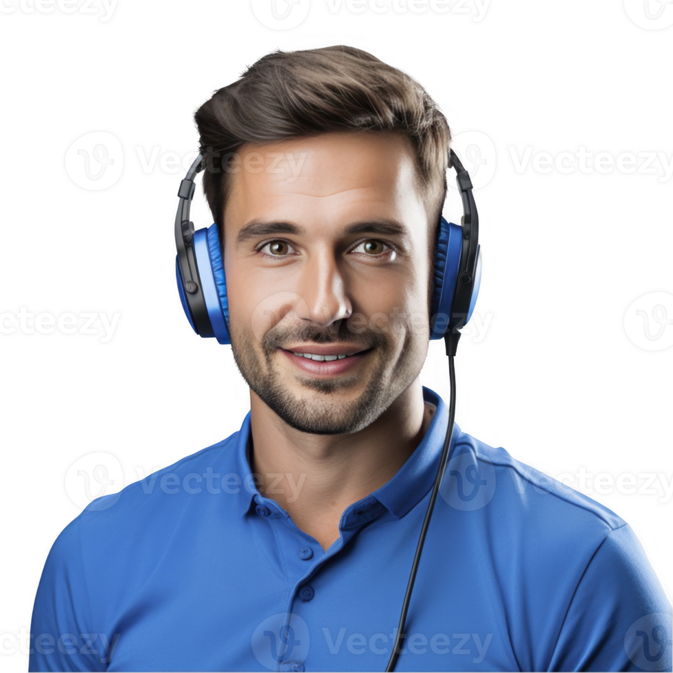 A man wearing headphones and a blue shirt png
