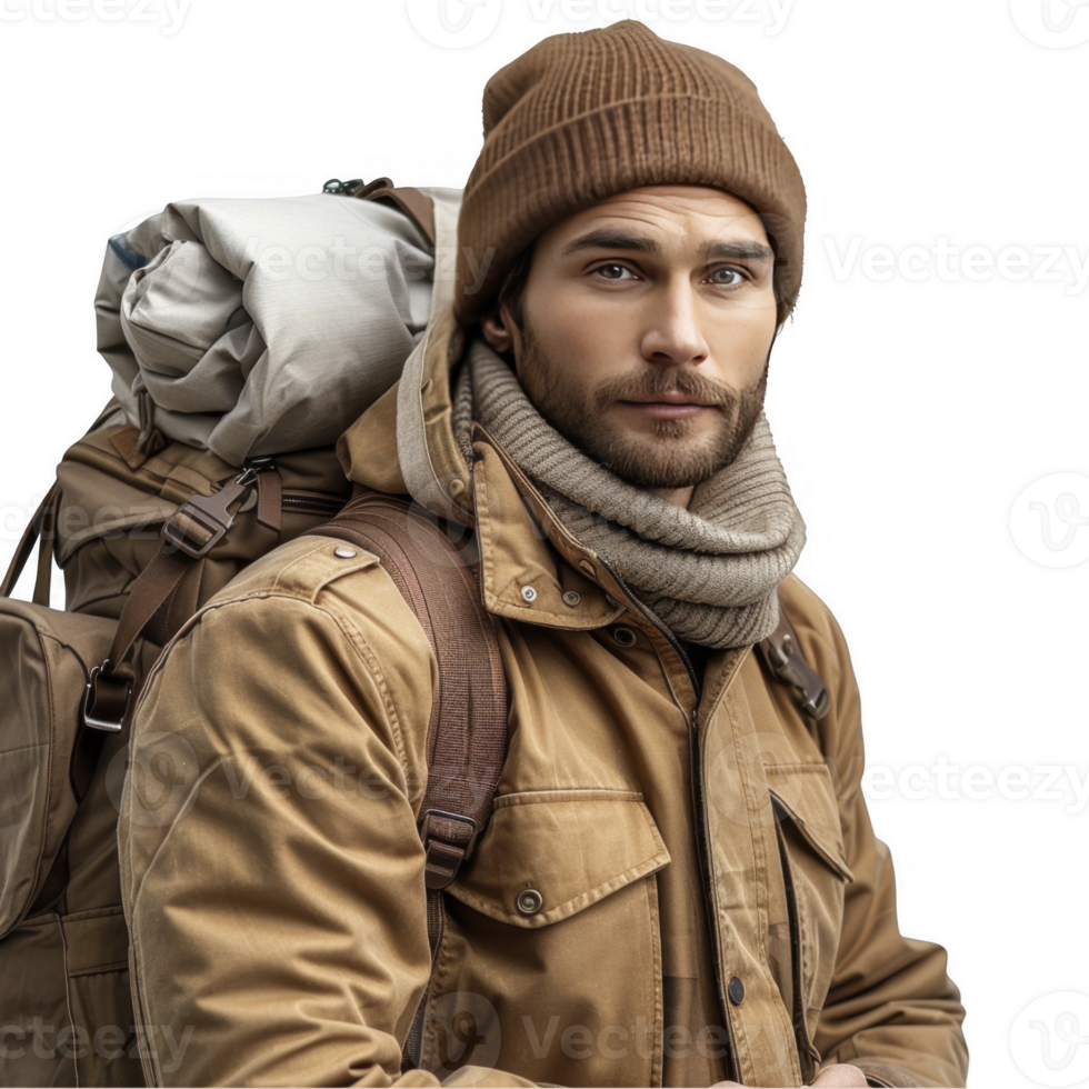 A man with a backpack and hat png