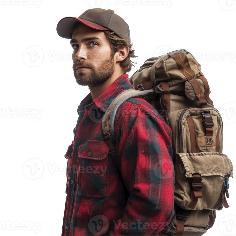 A man with a backpack and plaid shirt png