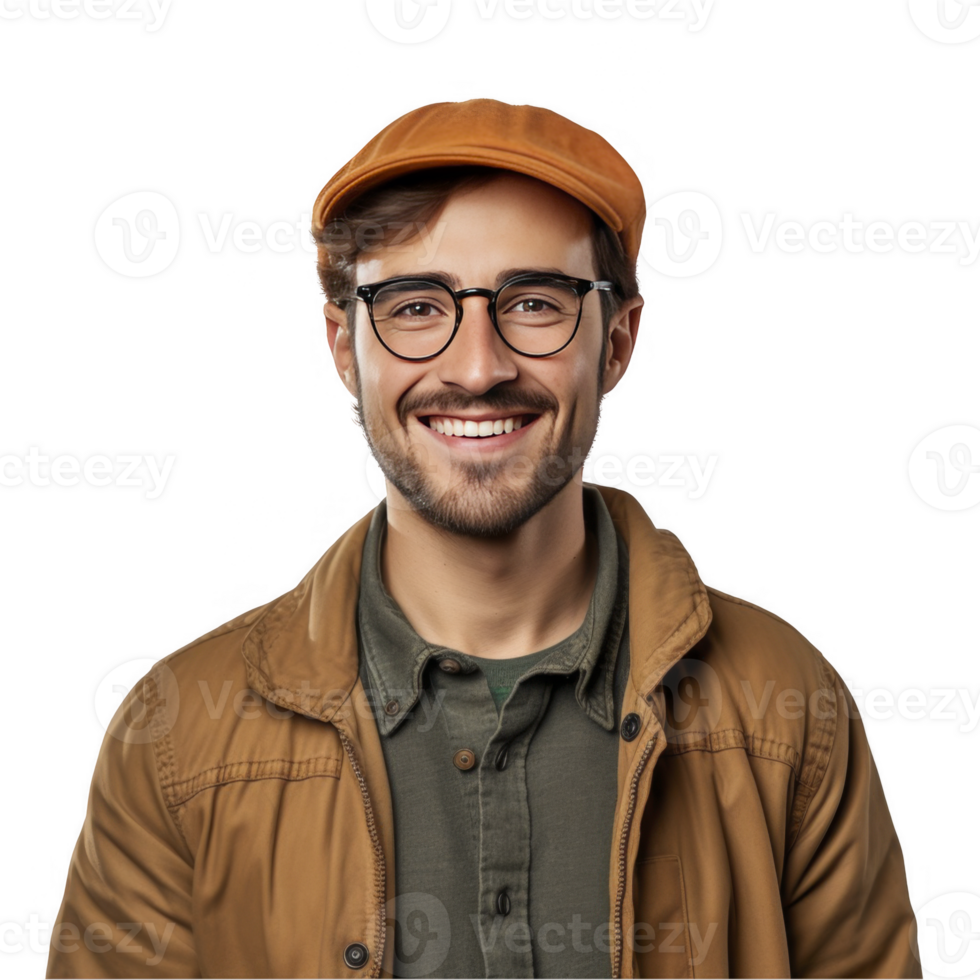 Portrait of a smiling man wearing glasses and a cap on black background png