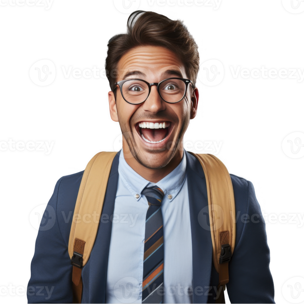 A man with glasses and a backpack is making a funny face png