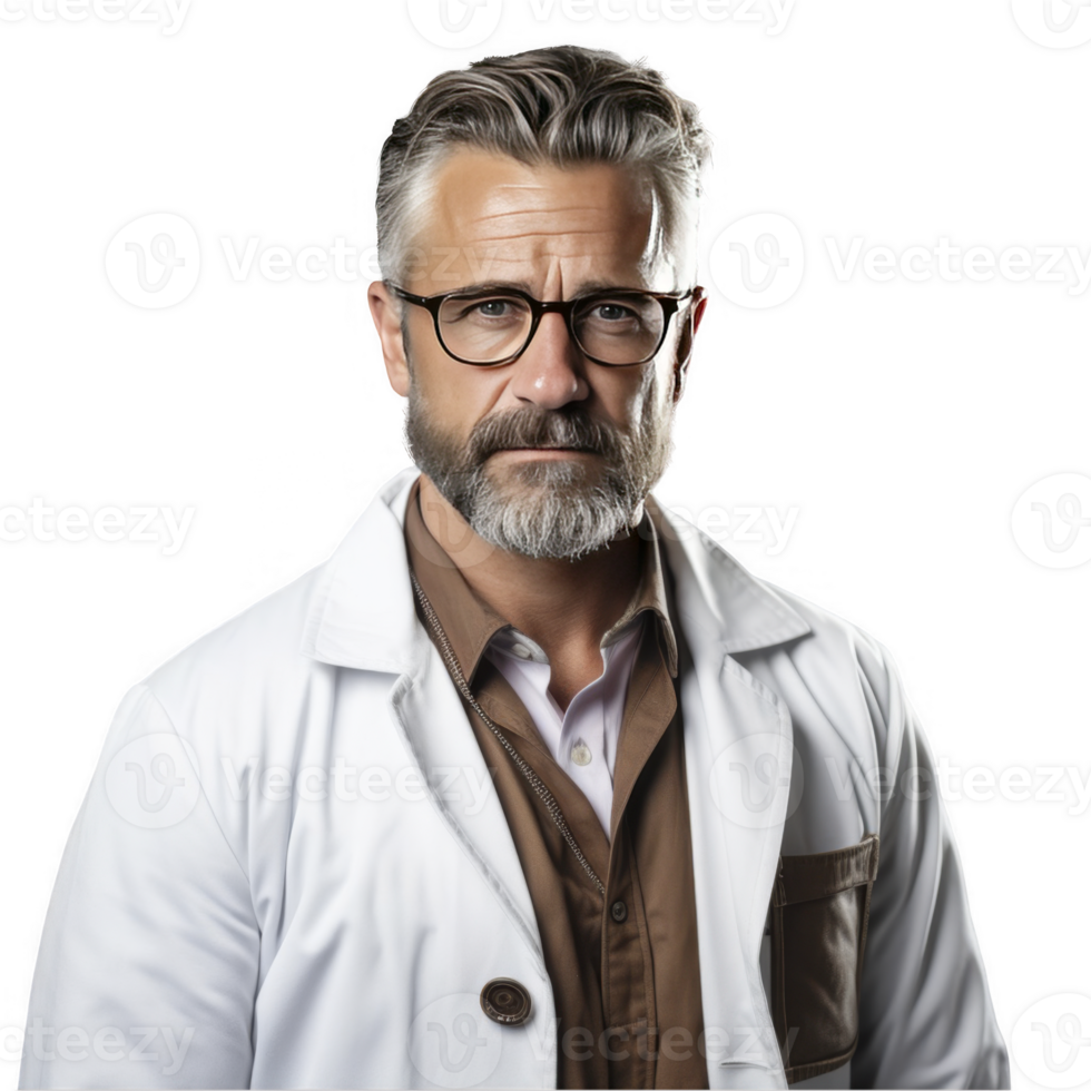 A man with glasses and a beard in a lab coat png