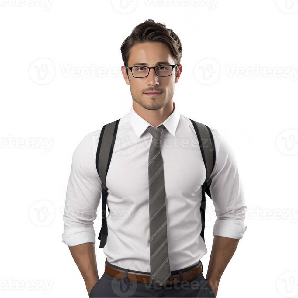 A man in glasses and a tie standing with his hands in his pockets png