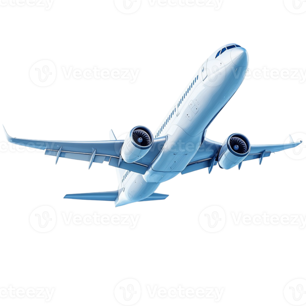 Airplane flying in the air with a blue sky png