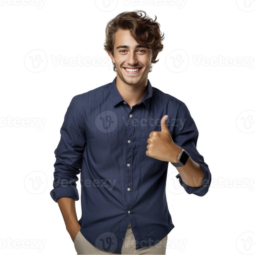 A man in a blue shirt is giving the thumbs up png