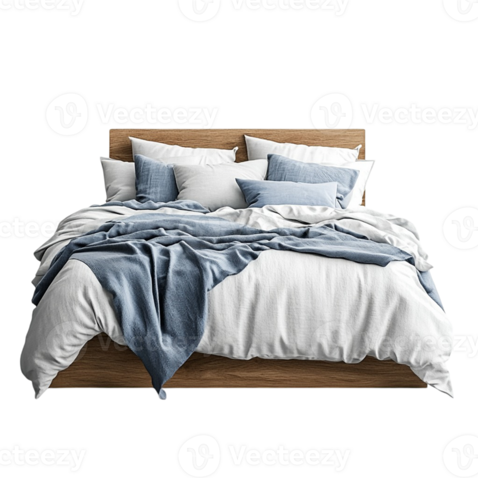 A bed with blue and white sheets and pillows png