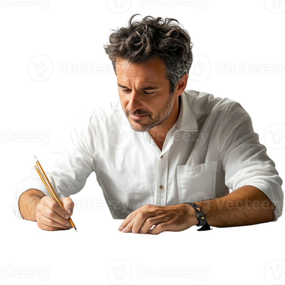 A man in a white shirt writing on a piece of paper png