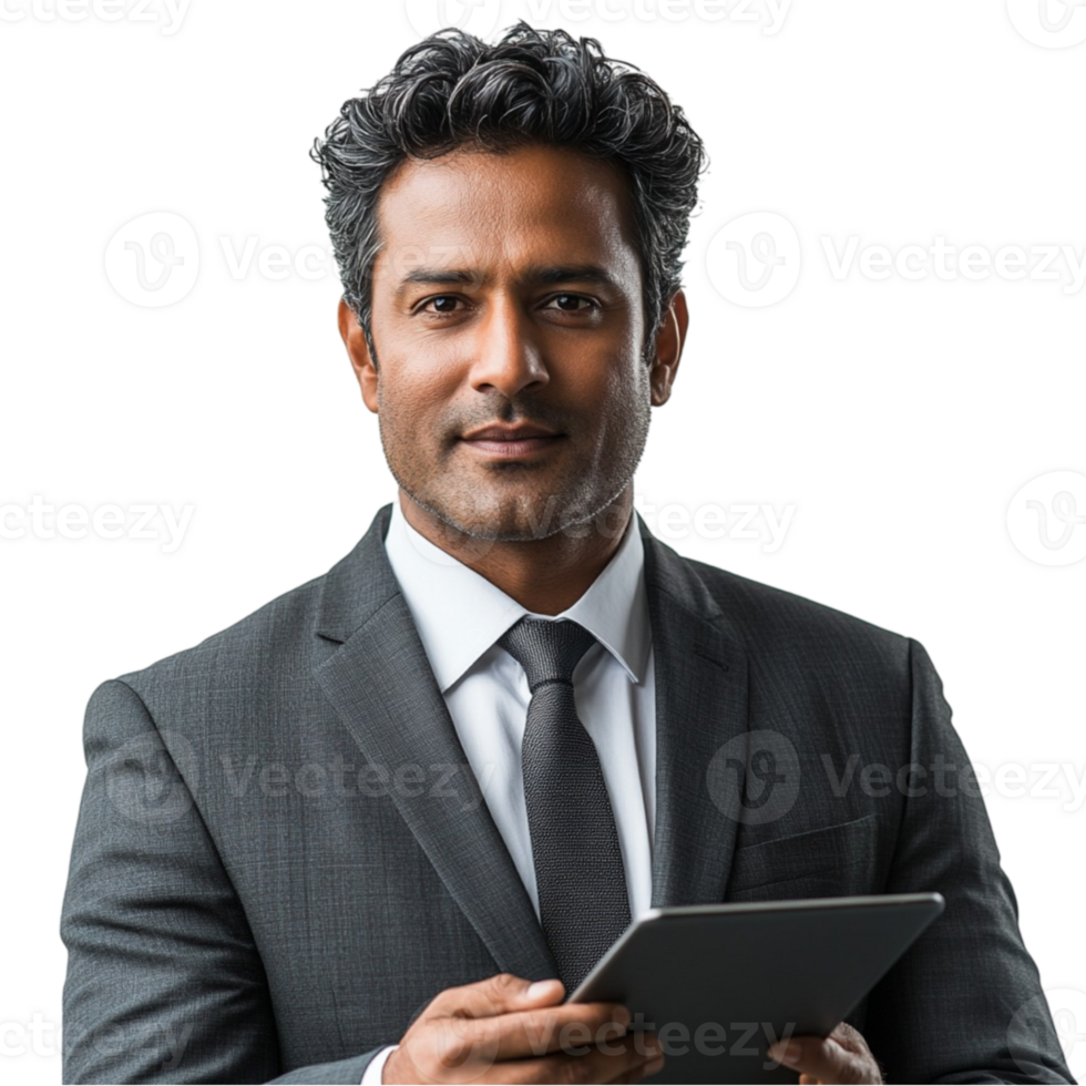A man in a suit holding a tablet png