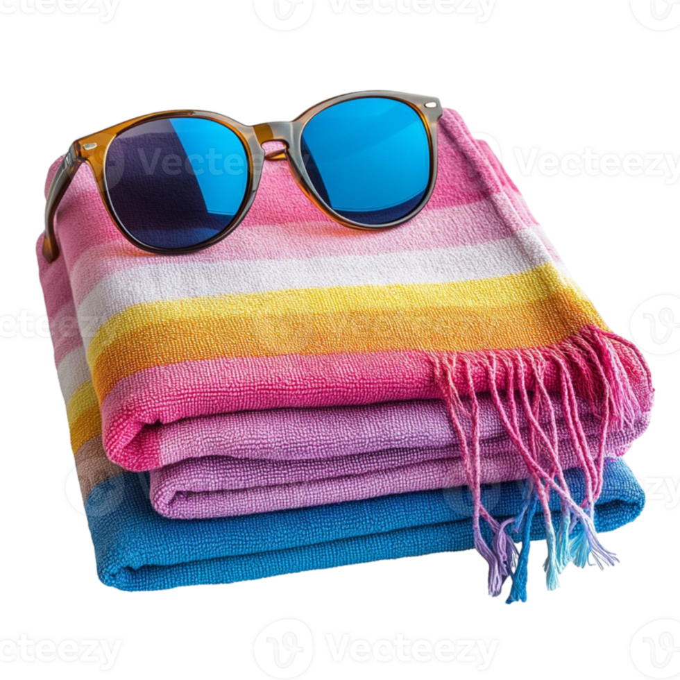 A colorful striped towel with sunglasses and a pair of sunglasses png