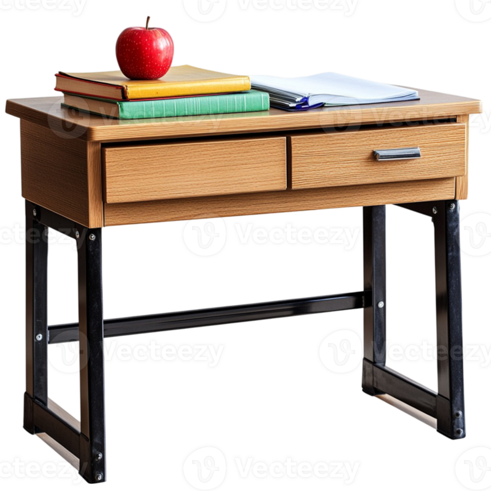 A desk with an apple and books on it png
