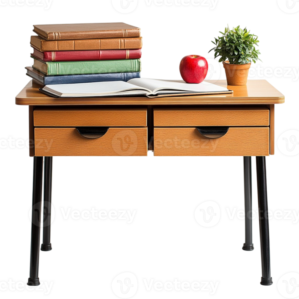 A desk with books and an apple png