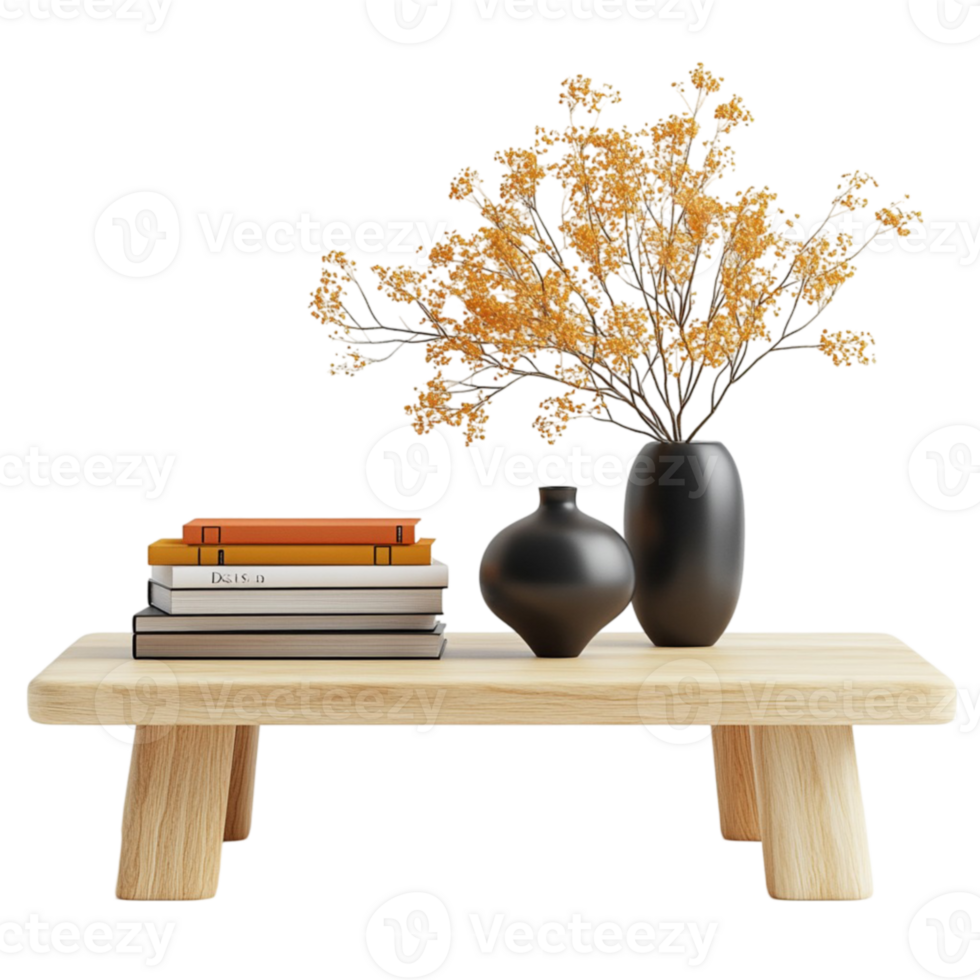 A vase with flowers and books on a wooden table png