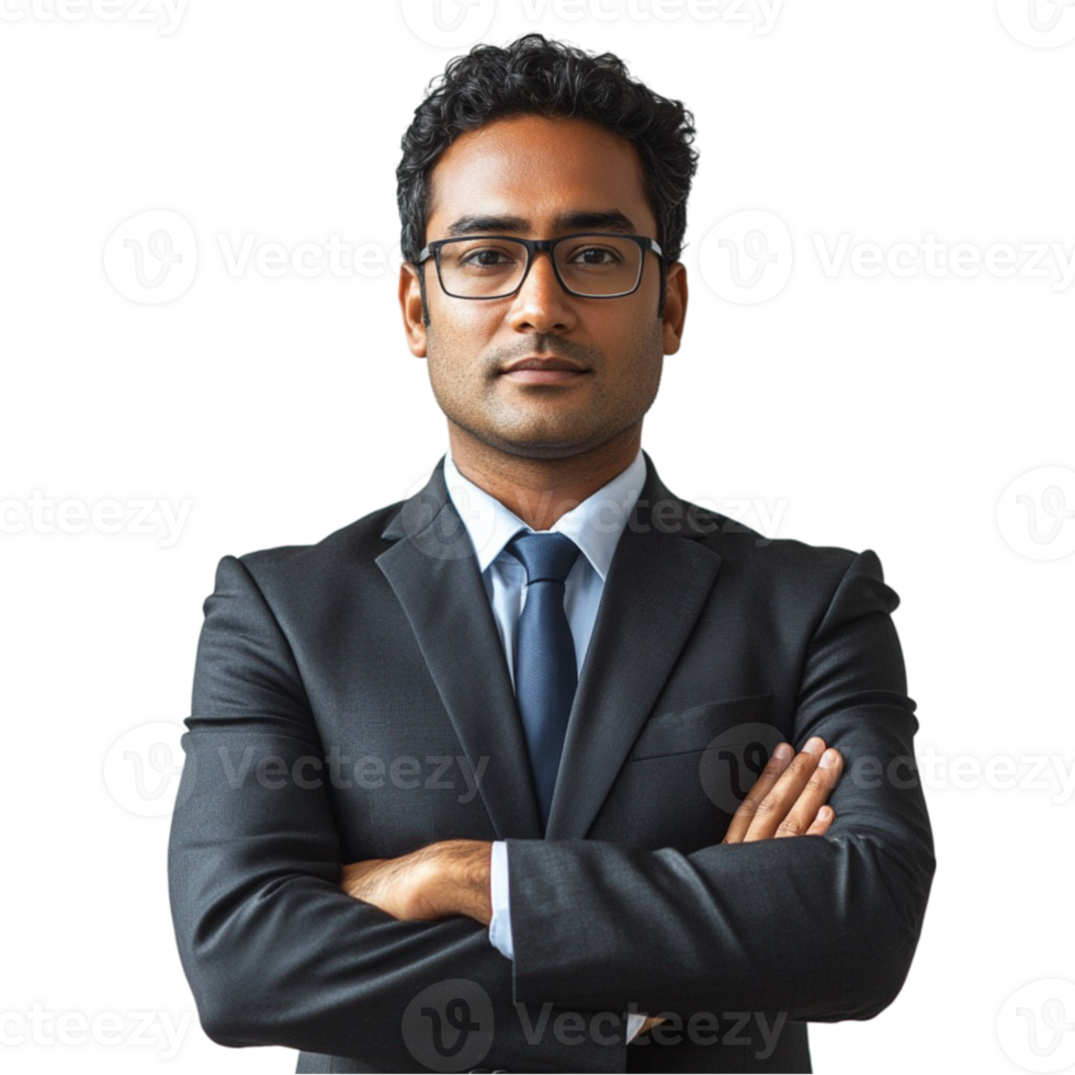 Indian businessman with glasses and suit standing with arms crossed png