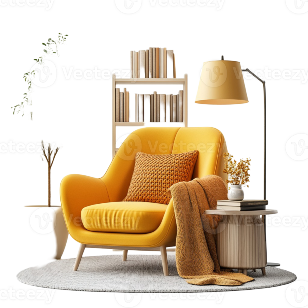 A yellow armchair and a lamp in a room png
