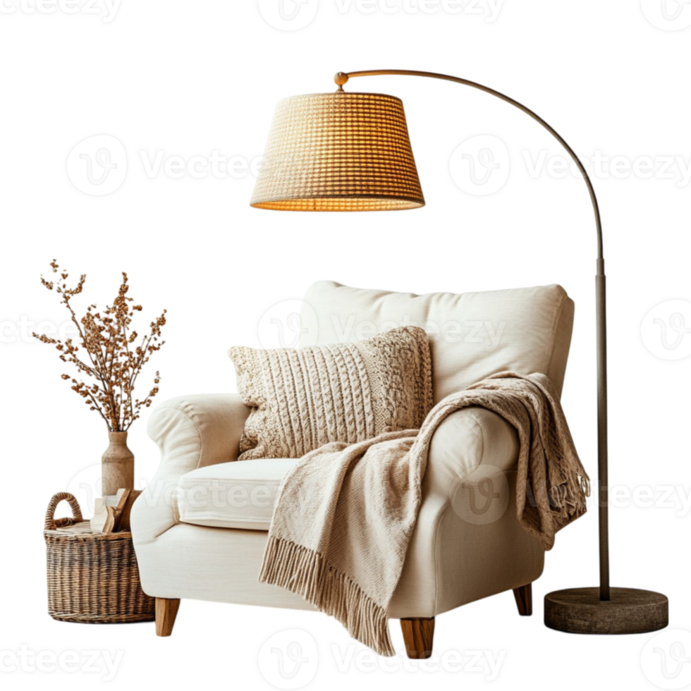 A chair and lamp in front of a rug png