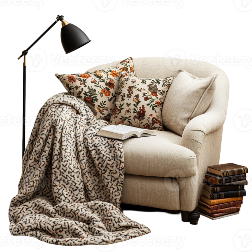 A chair with a blanket and books on a table png