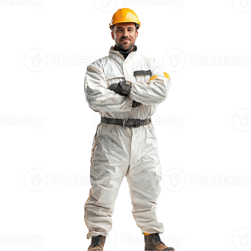 A man in a white coverall and yellow helmet png