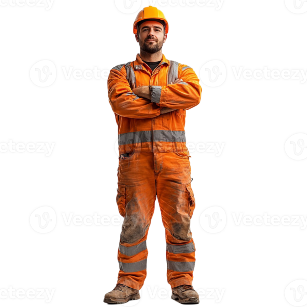 A man in an orange work suit standing with his arms crossed png