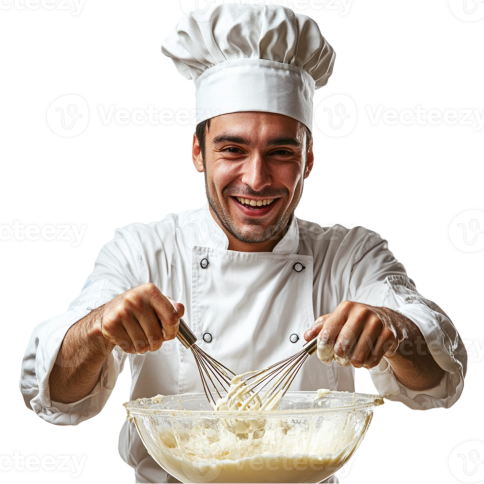 A man in a chef's hat is holding a bowl of noodles png
