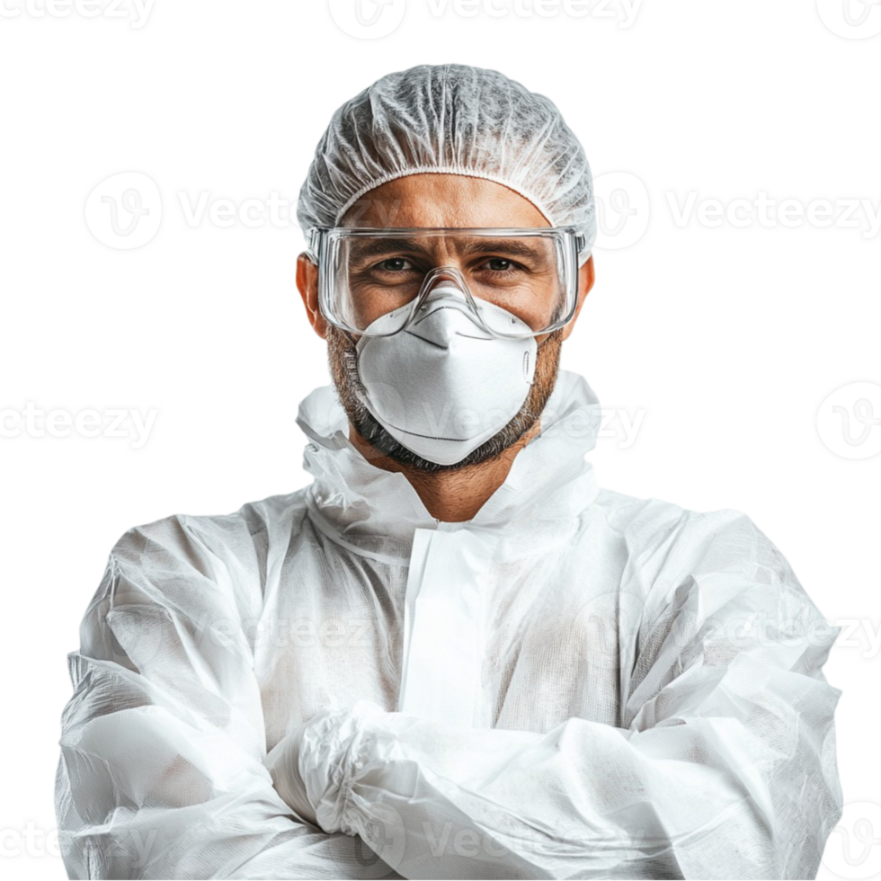 A man in a white protective suit and mask png