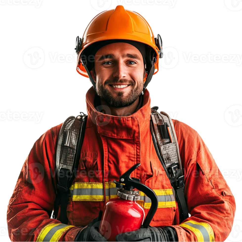 A man in a fireman's uniform holding a fire extinguisher png