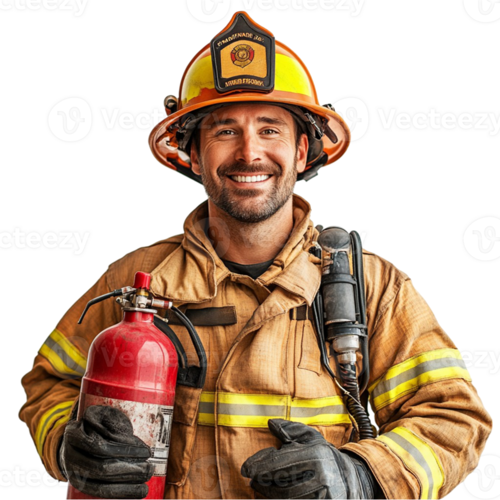 A smiling firefighter holding a fire extinguisher png