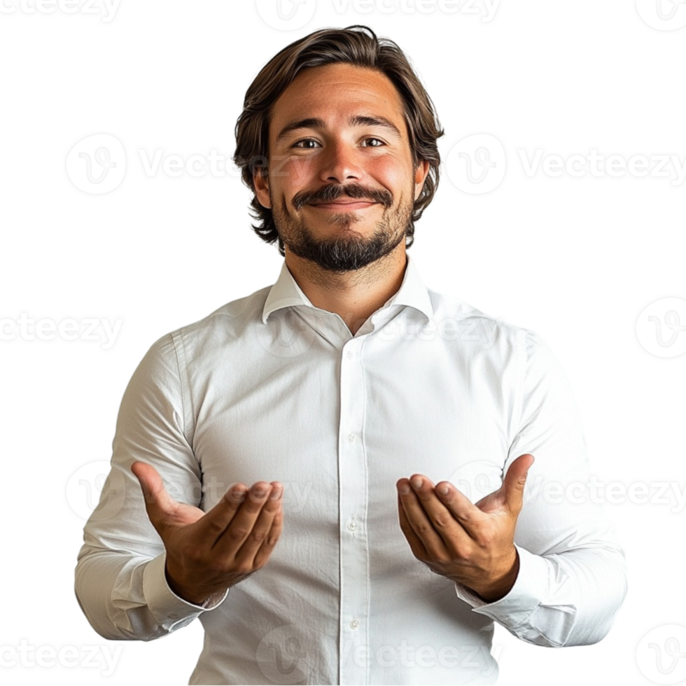 A man with a beard and mustache is holding his hands up png