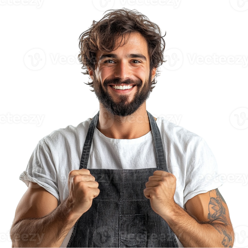 A man with a beard and apron is smiling png