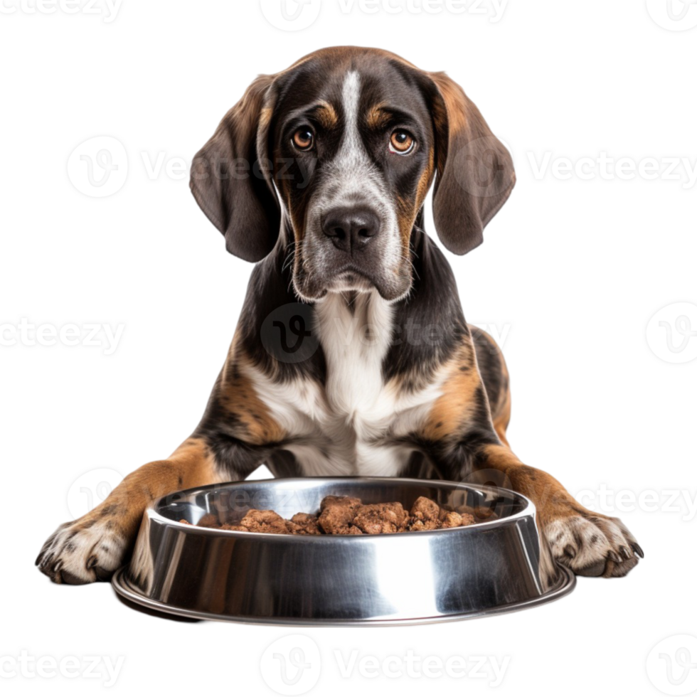 A dog is sitting in front of a bowl of food png