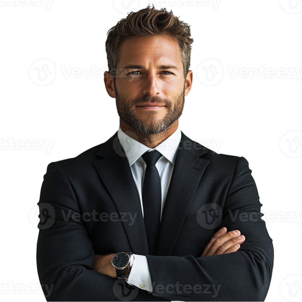 A man in a suit and tie standing with his arms crossed png