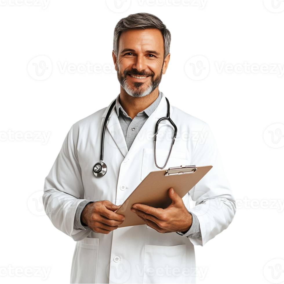 A smiling male doctor holding a clipboard png