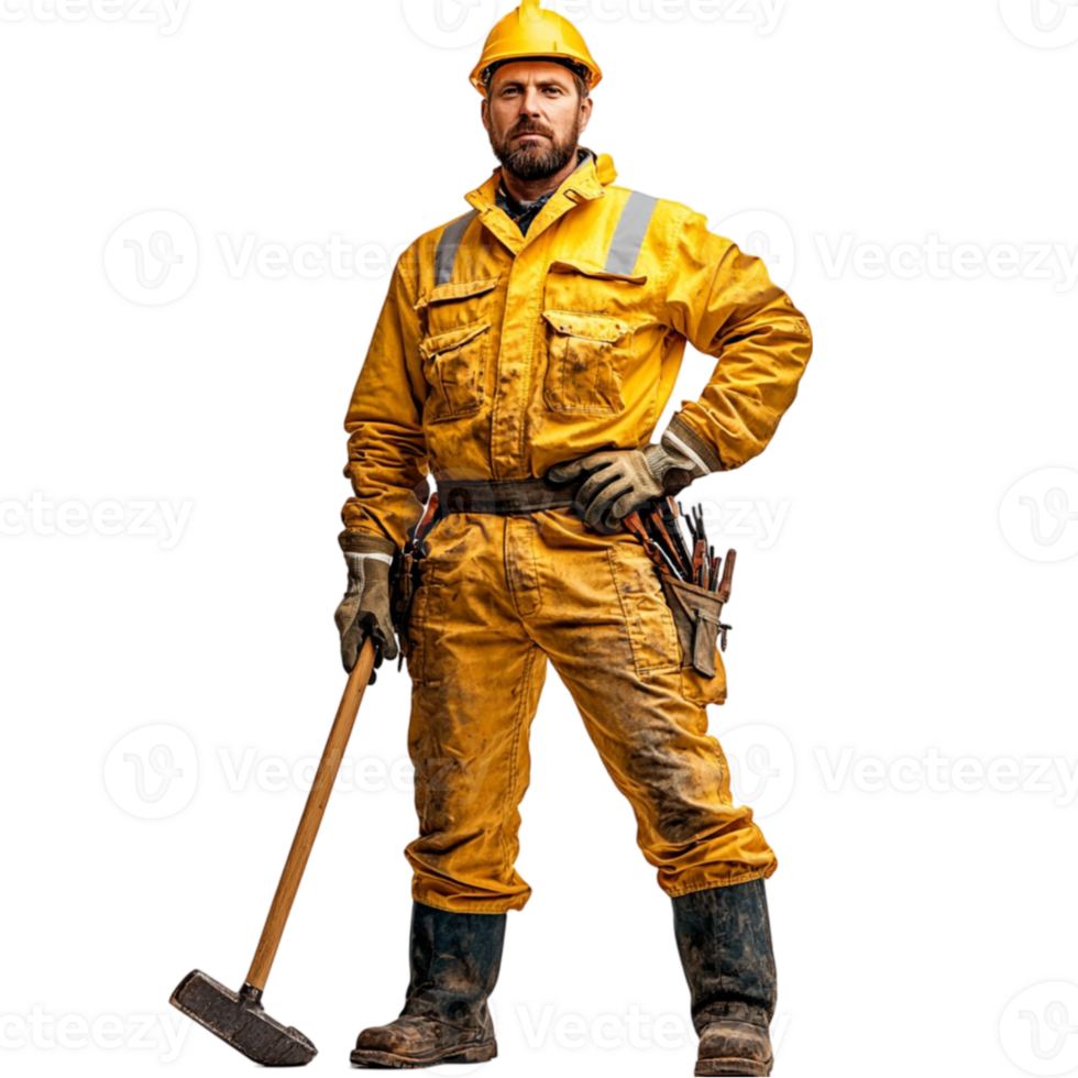 A man in yellow work clothes holding an ax png