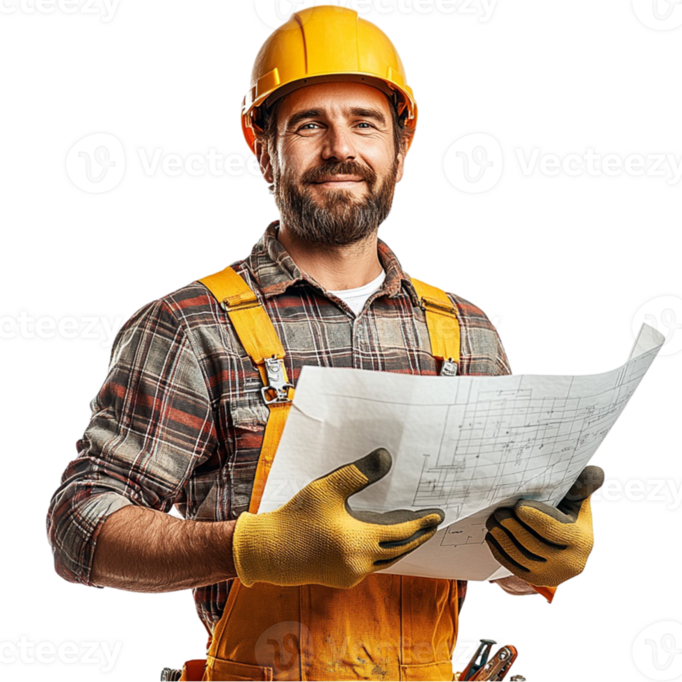 A man in a hard hat and overalls holding a blueprint png