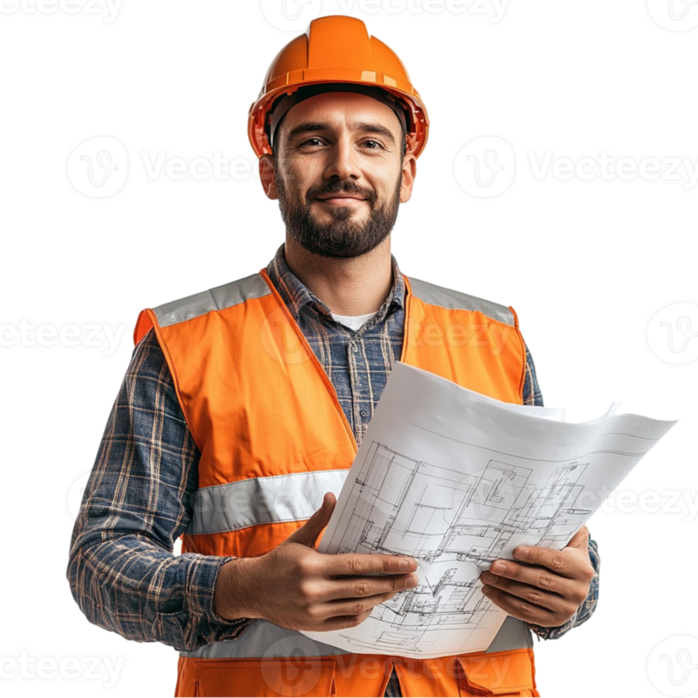 A man in an orange vest holding a blueprint png