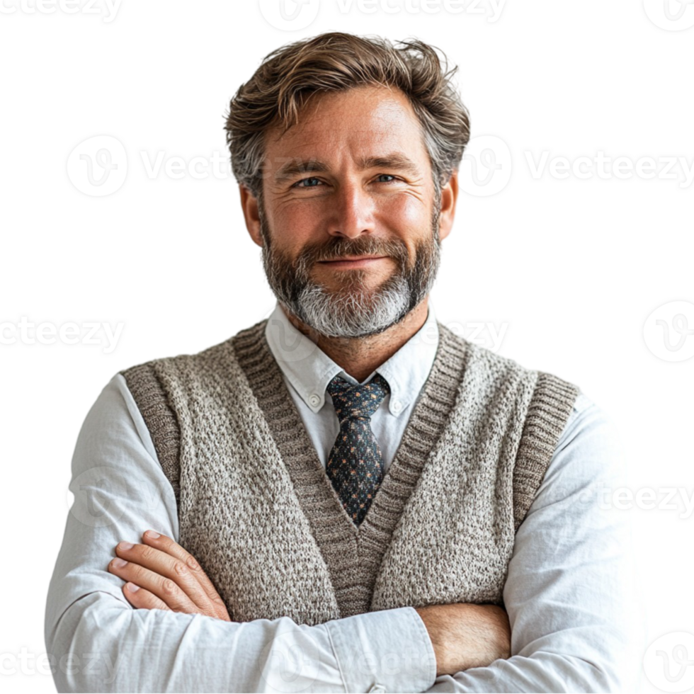 A man with a beard and tie standing with his arms crossed png