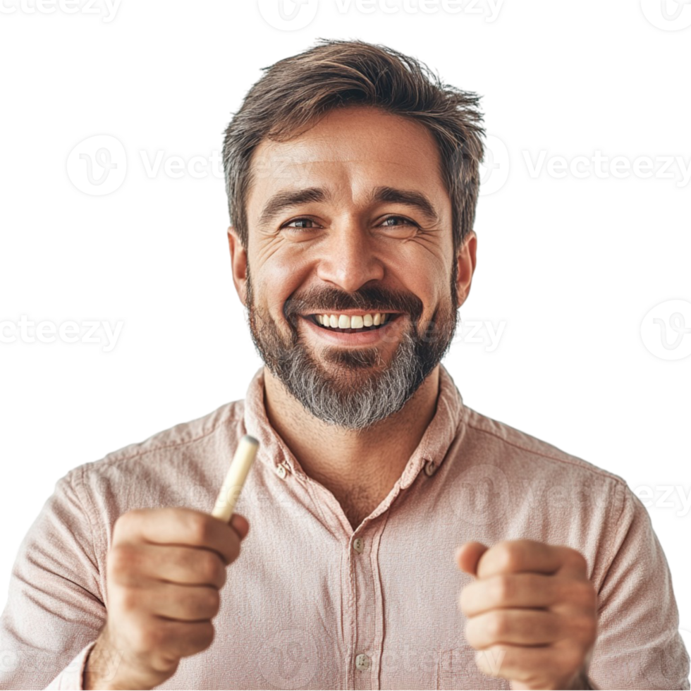 A man with a beard and a white shirt is holding a toothbrush png