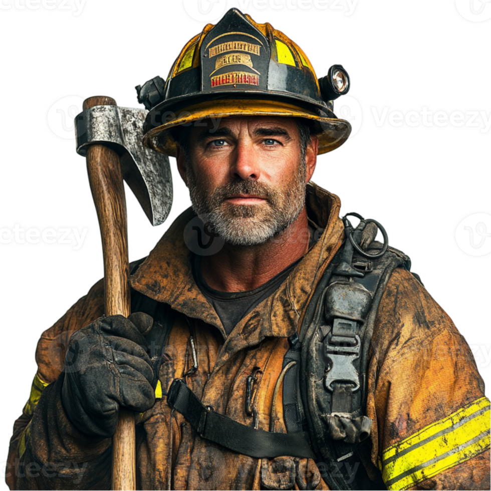 A firefighter holding an ax and wearing a helmet png