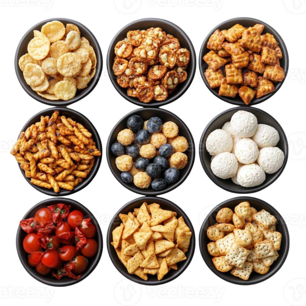 A variety of snacks in bowls png