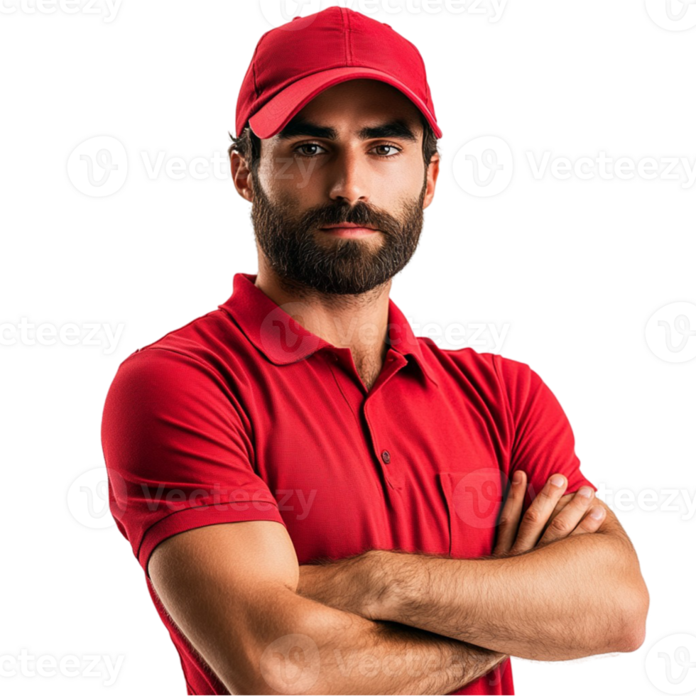 A man in a red shirt and cap png