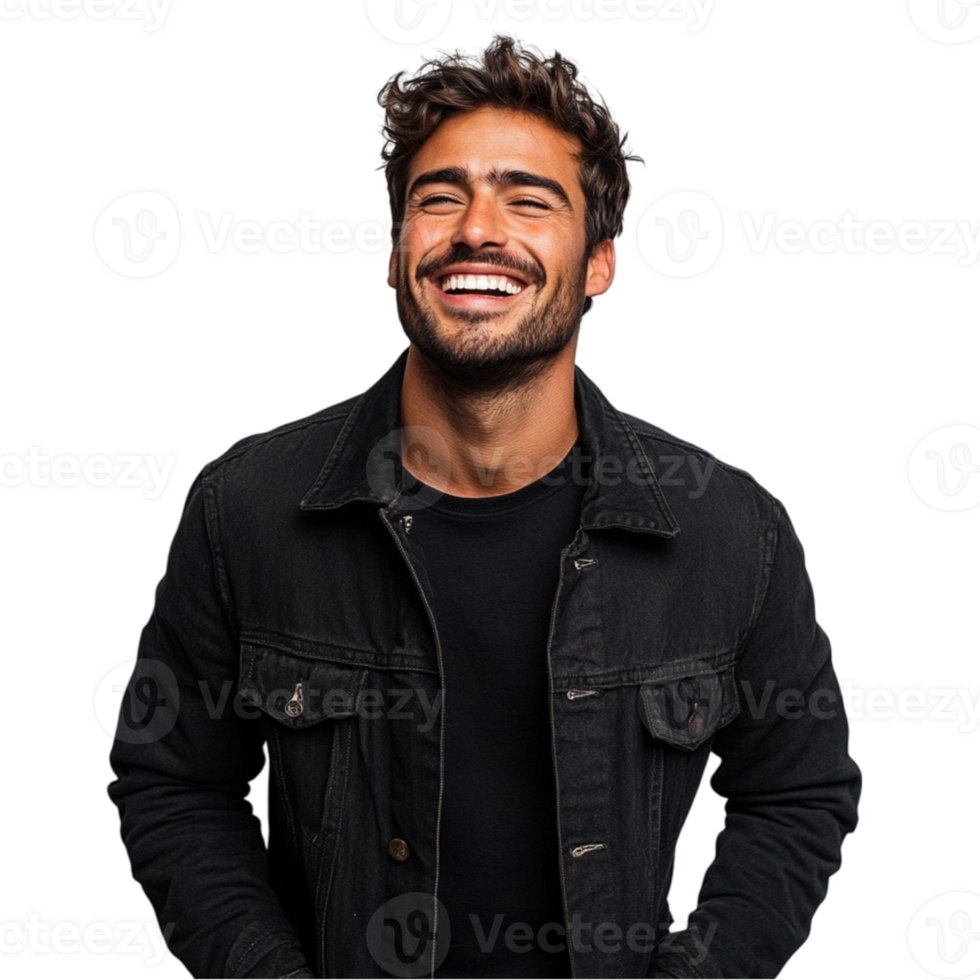A man in a black jacket laughing png