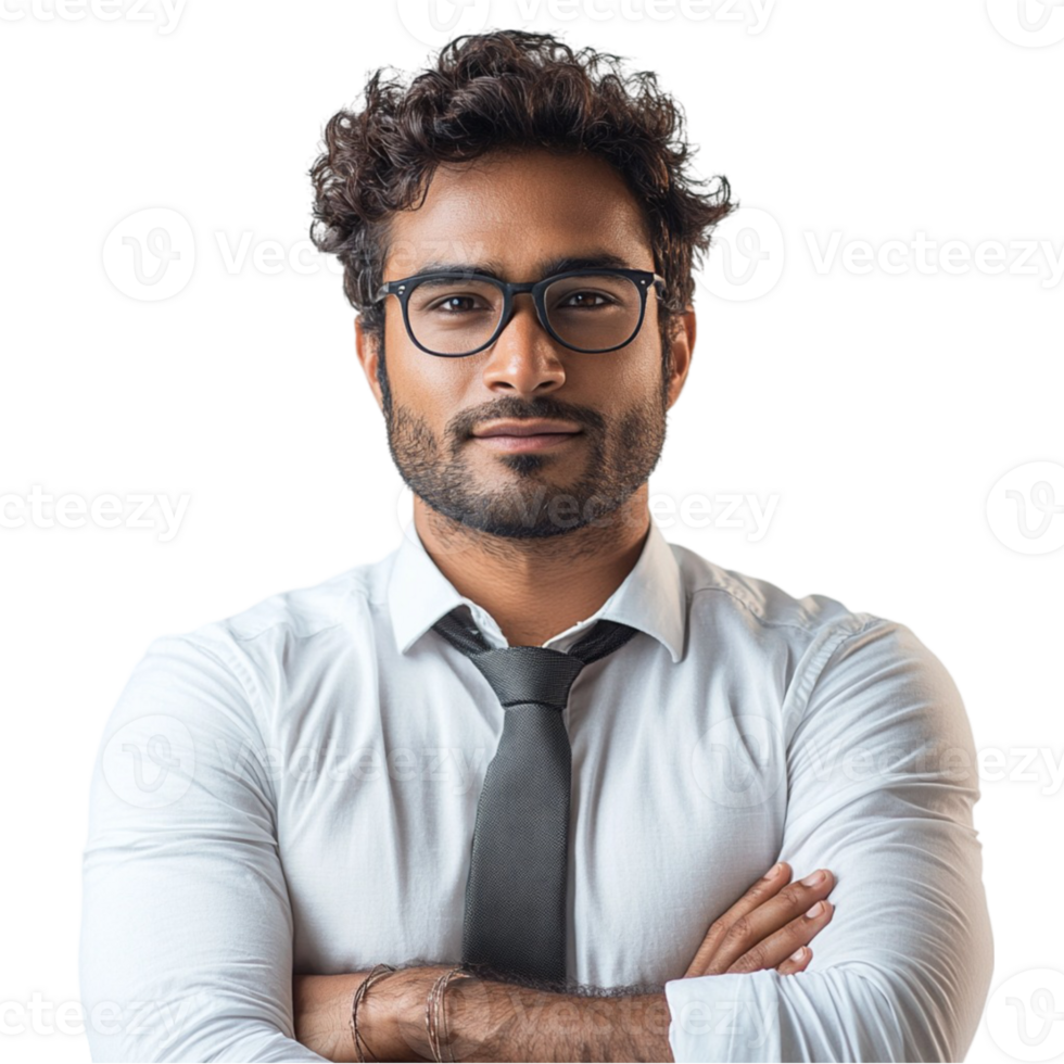 A man with glasses and a tie standing with his arms crossed png