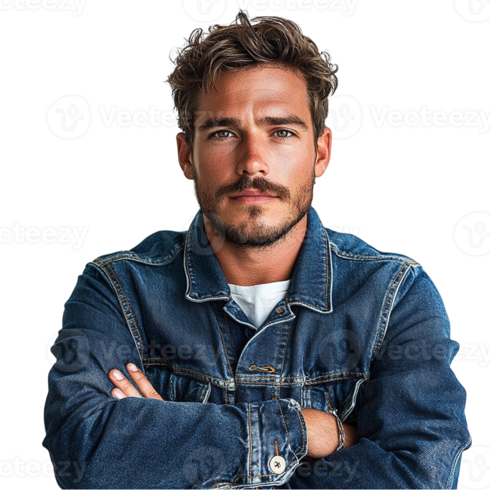 A man in a denim jacket with his arms crossed png