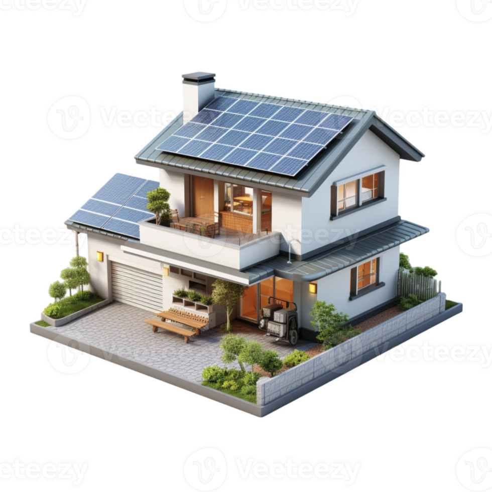 Modern house with solar panel isolated on transparent background png